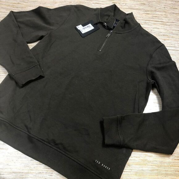 N-261 Ted Baker Pullover funnel neck Half zip pullover top Khaki GREEN sz 3 - Picture 1 of 2